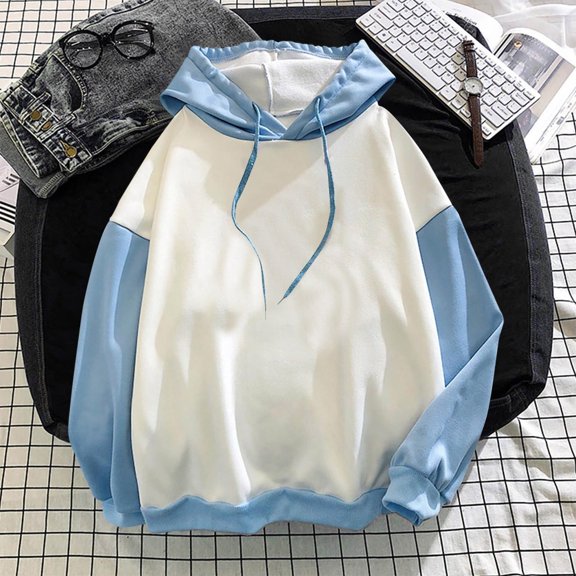 Charella Women's Patchwork Hoodies Casual Long Sleeves Pullover Sweatshirt Teen Girls Y2k Clothes Blue,XXL