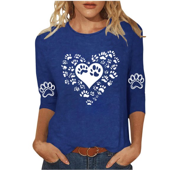 Charella Women's Printed Tops Crew Neck 3/4 Sleeve Heart Graphic Tee Shirts Casual Loose Fit Clothes (L, Blue 1)