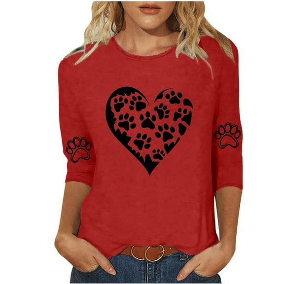 Charella Women's Printed Tops Crew Neck 3/4 Sleeve Heart Graphic Tee Shirts Casual Loose Fit Clothes (L, Red)