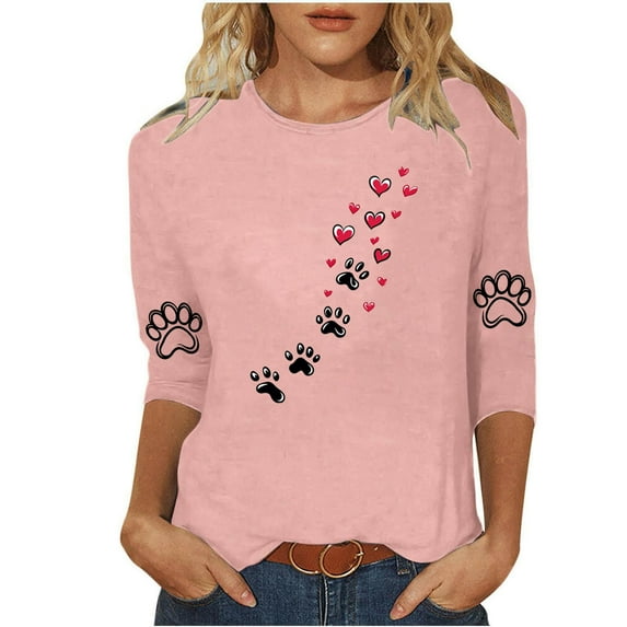 Charella Women's Printed Tops Crew Neck 3/4 Sleeve Heart Graphic Tee Shirts Casual Loose Fit Clothes (M, Pink 3)