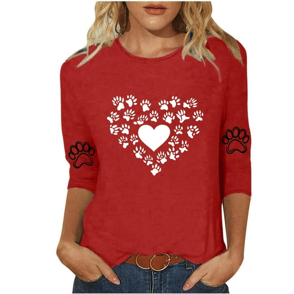 Charella Women's Printed Tops Crew Neck 3/4 Sleeve Heart Graphic Tee Shirts Casual Loose Fit Clothes (M, Red 4)