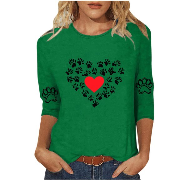 Charella Women's Printed Tops Crew Neck 3/4 Sleeve Heart Graphic Tee Shirts Casual Loose Fit Clothes (S, Green 4)