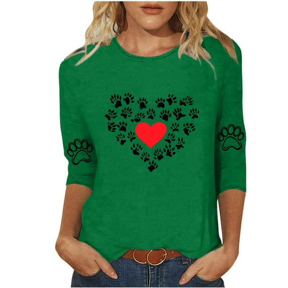 Charella Women's Printed Tops Crew Neck 3/4 Sleeve Heart Graphic Tee Shirts Casual Loose Fit Clothes (S, Green 4)