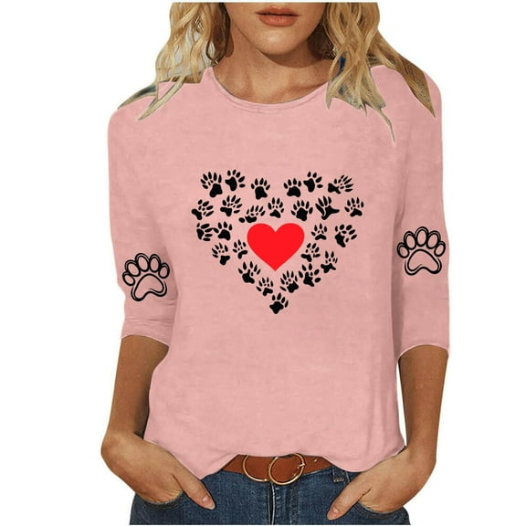 Charella Women's Printed Tops Crew Neck 3/4 Sleeve Heart Graphic Tee Shirts Casual Loose Fit Clothes (XL, Pink 4)