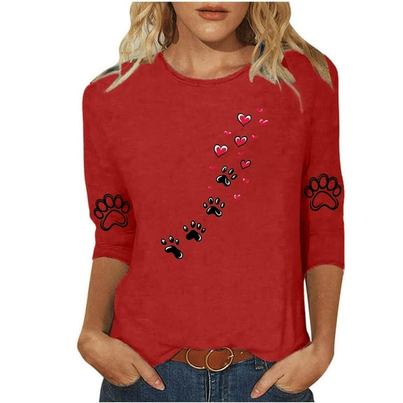 Charella Women's Printed Tops Crew Neck 3/4 Sleeve Heart Graphic Tee Shirts Casual Loose Fit Clothes (XL, Red 3)