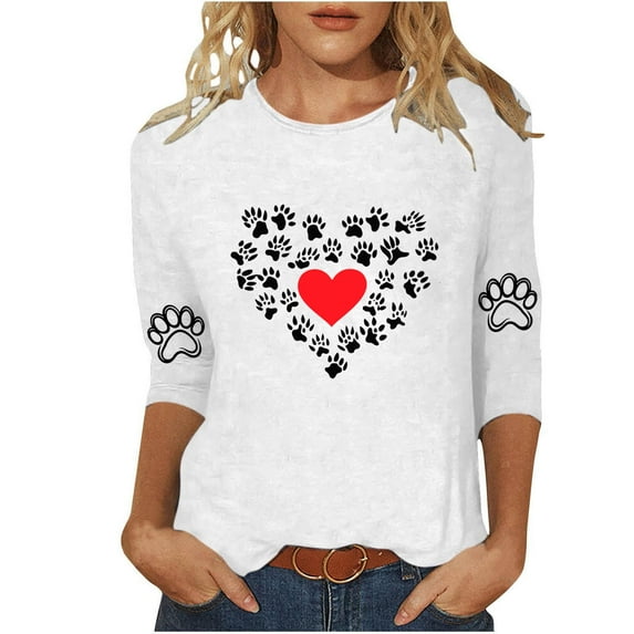 Charella Women's Printed Tops Crew Neck 3/4 Sleeve Heart Graphic Tee Shirts Casual Loose Fit Clothes (XL, White 4)