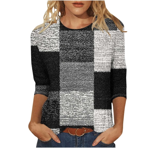 Charella Women's Printed Tops Vintage Checkered Crew Neck 3/4 Sleeve Tee Shirts Casual Loose Fit Clothes (4XL, Black)