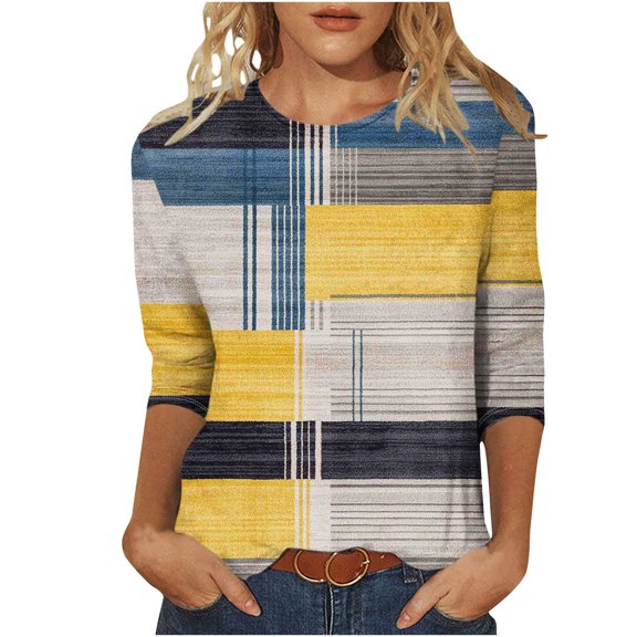 Charella Women's Printed Tops Vintage Checkered Crew Neck 3/4 Sleeve Tee Shirts Casual Loose Fit Clothes (4XL, Yellow)