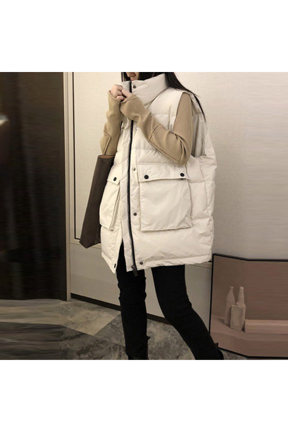 Women's Puffer Vest Sleveless Padded Jacket Winter Warm Collar Coats Thickened Warm Cardigan Outerwear with Pockets White,XL
