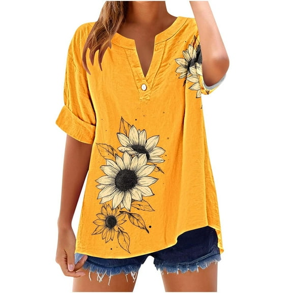 Charella Women's Short Sleeve Shirts Cuffed Sleeves Tops V Neck Button Sunflower Graphic Tee Casual Fit Clothes (2XL, Multicolor 12)