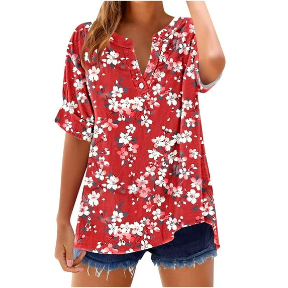 Charella Women's Short Sleeve Shirts Cuffed Sleeves Tops V Neck Button Sunflower Graphic Tee Casual Fit Clothes (XL, Multicolor 15)