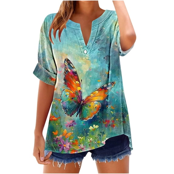 Charella Women's Short Sleeve Shirts Cuffed Sleeves Tops V Neck Button Sunflower Graphic Tee Casual Fit Clothes (XL, Multicolor 22)