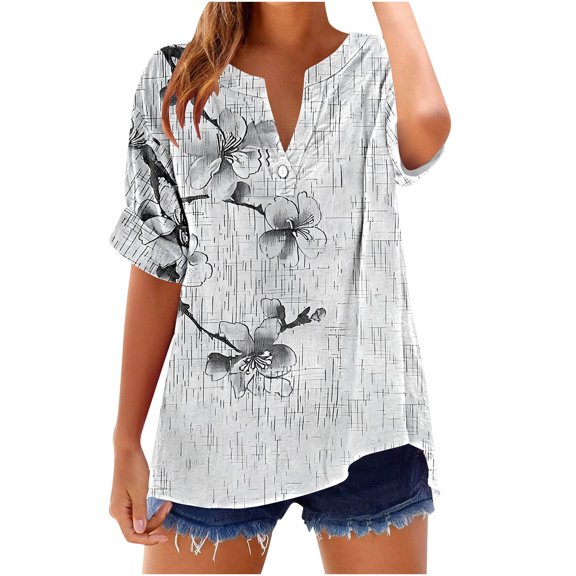 Charella Women's Short Sleeve Shirts Vintage Floral Printed Cuffed Sleeves Tops V Neck Button Tee Casual Fit Clothes (XL, Multicolor)