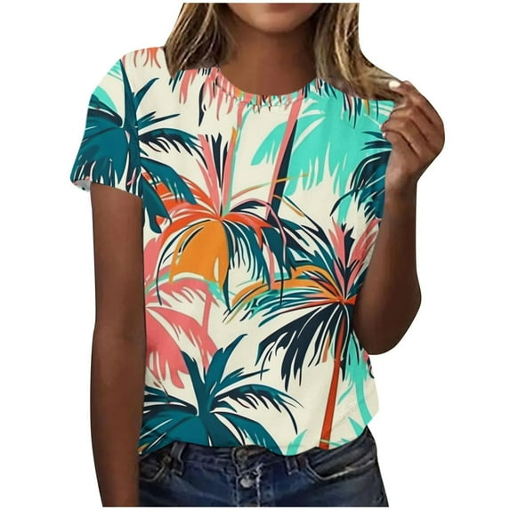 Charella Women's Short Sleeve T Shirts Summer Floral Printed Crew Neck Casual Loose Tops Trendy Classic Tunic Blouses (2XL, Multicolor 8)