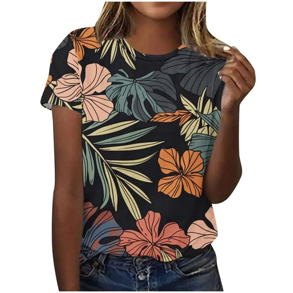 Charella Women's Short Sleeve T Shirts Summer Floral Printed Crew Neck Casual Loose Tops Trendy Classic Tunic Blouses (3XL, Multicolor 13)