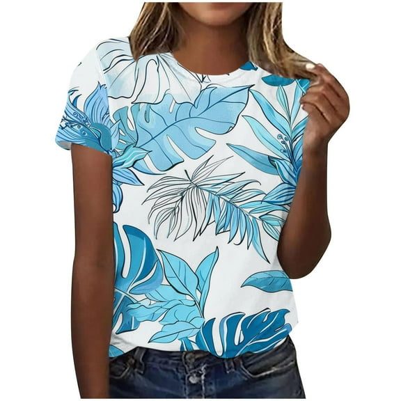 Charella Women's Short Sleeve T Shirts Summer Floral Printed Crew Neck Casual Loose Tops Trendy Classic Tunic Blouses (L, Multicolor 10)