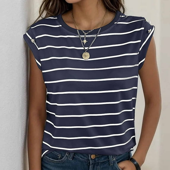 Charella Women's Short Sleeves Blouse Round Neck Casual Tops Navy,4