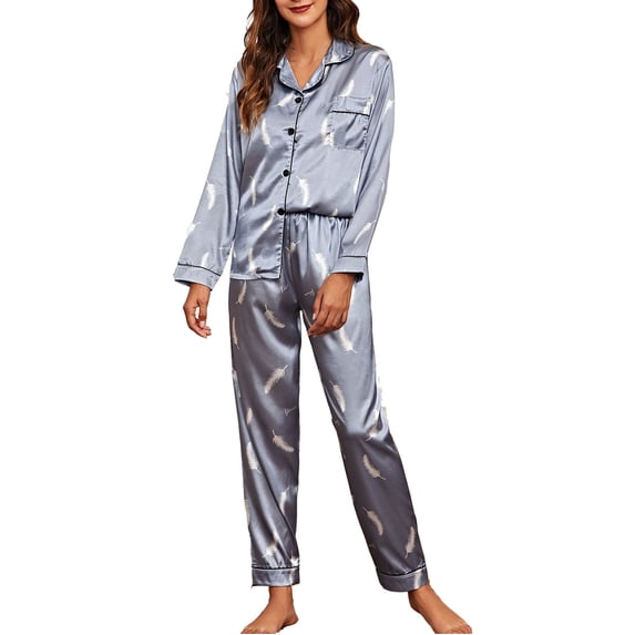 Charella Women's Silk Satin Pajamas Set 2 Piece Button down Long Sleeve Tops and Pants Pjs Sets Sleepwear Gray,L
