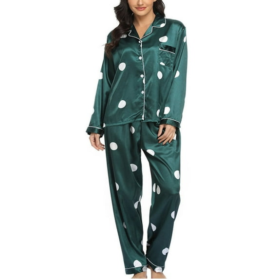 Charella Women's Silk Satin Pajamas Set 2 Piece Button down Long Sleeve Tops and Pants Pjs Sets Sleepwear Green,L