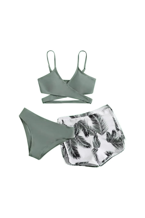 Women's Solid Bikini Strap Deep V Split Swimsuit Set Three-piece Swimming Suit Army Green,L