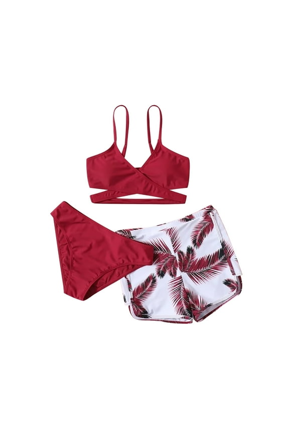 Women's Solid Bikini Strap Deep V Split Swimsuit Set Three-piece Swimming Suit Red,L