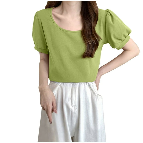 Charella Women's Summer T-Shirts Scoop Neck Short Sleeve Tunic Basic Tee Casual Loose Fit Tops Solid Color Clothes (L, Green)