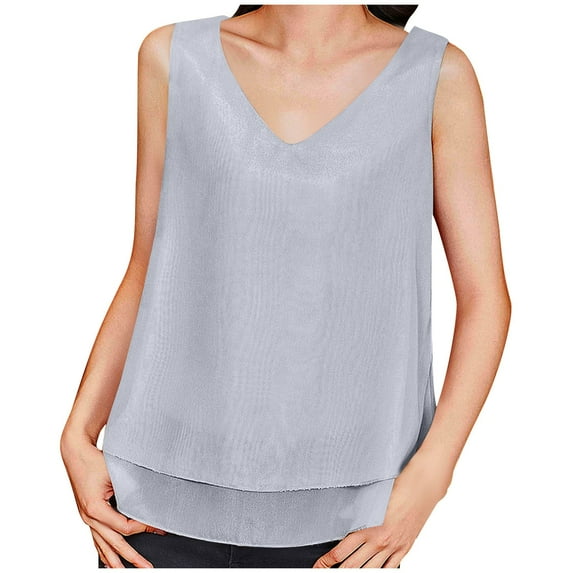 Charella Women's Summer Tank Tops Sleeveless Chiffon Double Layers Blouses Loose V Neck Casual Solid Color Shirts (XL, Gray)