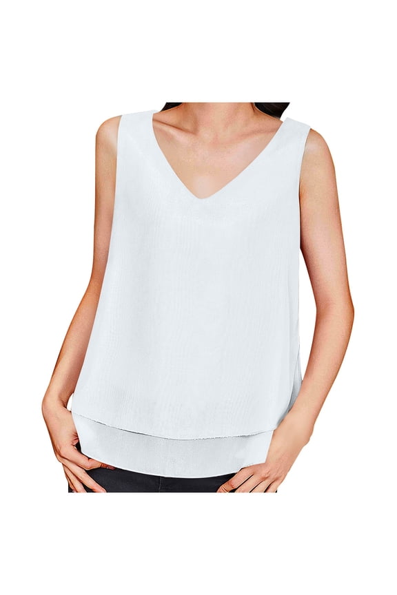 Women's Summer Tank Tops Sleeveless Chiffon Double Layers Blouses Loose V Neck Casual Solid Color Shirts (XL, White)
