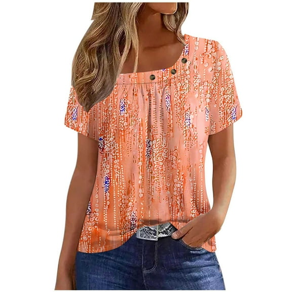 Charella Women's Summer Tops Square Neck Button Floral Printed Basic Tee Short Sleeve Shirts Casual Loose Fit Clothes (L, Orange)
