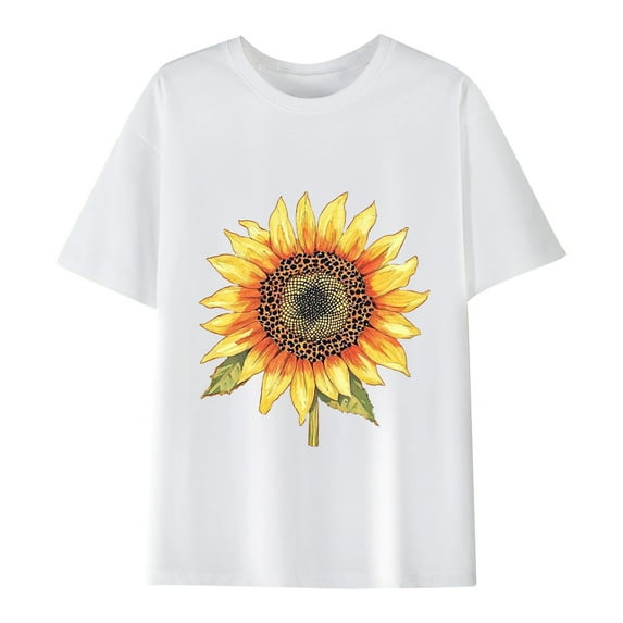 Charella Women's Summer Tops Sunflower Graphic Basic Tee Crew Neck Short Sleeve Shirts Casual Loose Fit Clothes (XL, White)