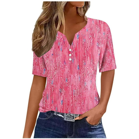 Charella Women's Summer Tops V Neck Button Floral Printed Tee Short Sleeve Shirts Loose Fit Casual Comfy Clothes (S, Hot Pink)