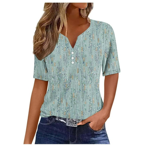 Charella Women's Summer Tops V Neck Button Floral Printed Tee Short Sleeve Shirts Loose Fit Casual Comfy Clothes (XL, Army Green)