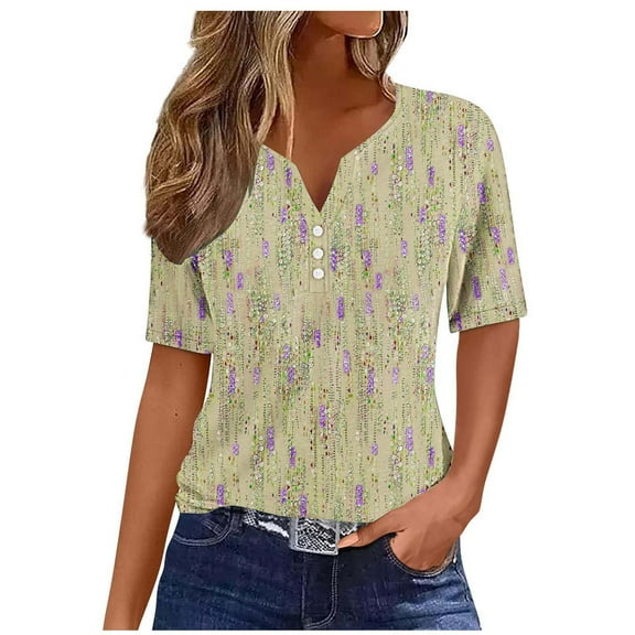 Charella Women's Summer Tops V Neck Button Floral Printed Tee Short Sleeve Shirts Loose Fit Casual Comfy Clothes (XL, Yellow)