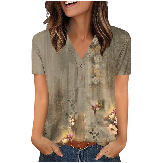 Charella Women's Summer Tops V Neck Button up Basic Tee Floral Printed Short Sleeve Shirts Casual Loose Fit Clothes (2XL, Khaki 1)