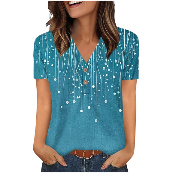 Charella Women's Summer Tops V Neck Button up Basic Tee Floral Printed Short Sleeve Shirts Casual Loose Fit Clothes (S, Blue)