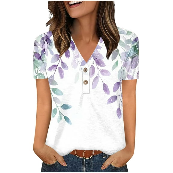 Charella Women's Summer Tops V Neck Button up Basic Tee Floral Printed Short Sleeve Shirts Casual Loose Fit Clothes (S, Purple)