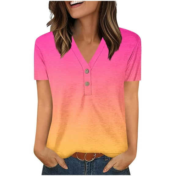 Charella Women's Summer Tops V Neck Button up Basic Tee Gradient Color Short Sleeve Shirts Casual Loose Fit Clothes (L, Hot Pink)