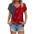 thumbnail image 1 of Charella Women's Summer Tops V Neck Floral Printed Basic Graphic Tee Short Sleeve Shirts Casual Loose Comfy Clothes (2XL, Red), 1 of 5