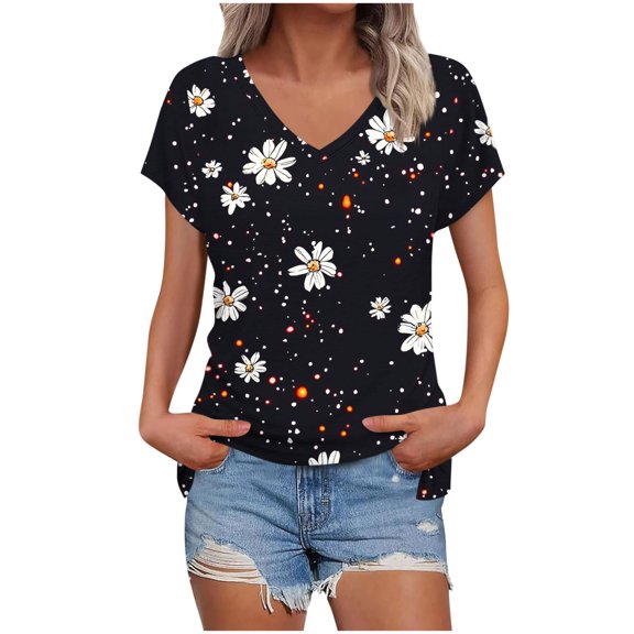 Charella Women's Summer Tops V Neck Floral Printed Basic Graphic Tee Short Sleeve Shirts Casual Loose Comfy Clothes (L, Black 1)