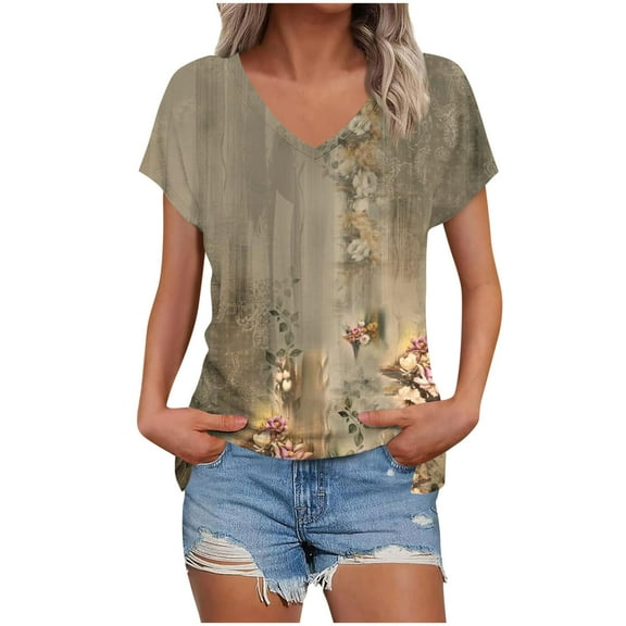 Charella Women's Summer Tops V Neck Floral Printed Basic Graphic Tee Short Sleeve Shirts Casual Loose Comfy Clothes (M, Khaki)