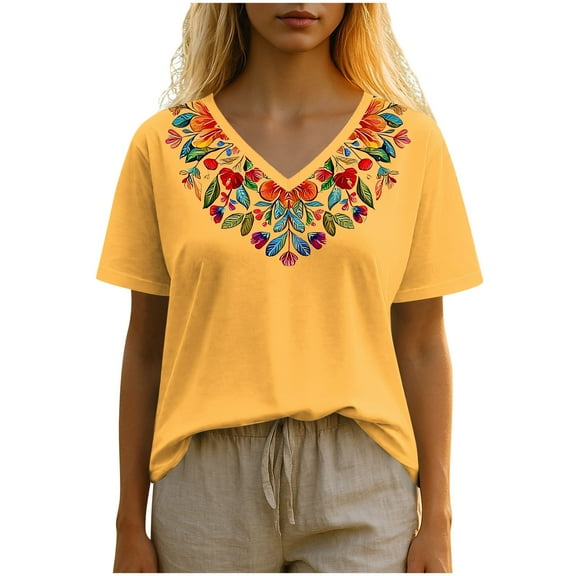 Charella Women's Summer Tops Vintage Floral Embroidery V Neck Short Sleeve Shirts Casual Basic Tee Loose Fit Clothes (2XL, Yellow)