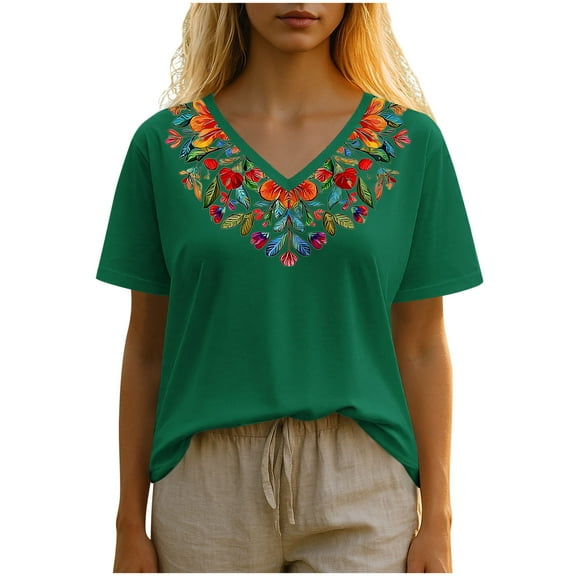 Charella Women's Summer Tops Vintage Floral Embroidery V Neck Short Sleeve Shirts Casual Basic Tee Loose Fit Clothes (M, Army Green)