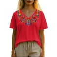 thumbnail image 1 of Charella Women's Summer Tops Vintage Floral Embroidery V Neck Short Sleeve Shirts Casual Basic Tee Loose Fit Clothes (M, Red), 1 of 5