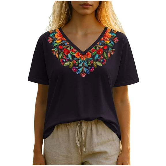 Charella Women's Summer Tops Vintage Floral Embroidery V Neck Short Sleeve Shirts Casual Basic Tee Loose Fit Clothes (XL, Black)
