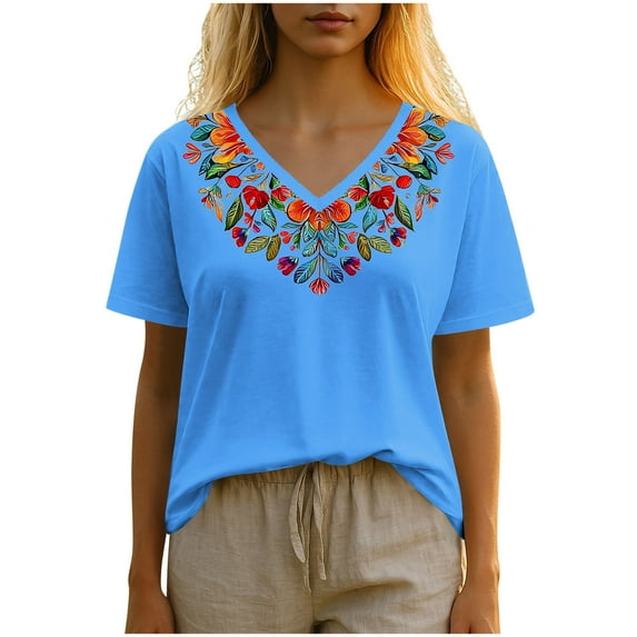 Charella Women's Summer Tops Vintage Floral Embroidery V Neck Short Sleeve Shirts Casual Basic Tee Loose Fit Clothes (XL, Blue)
