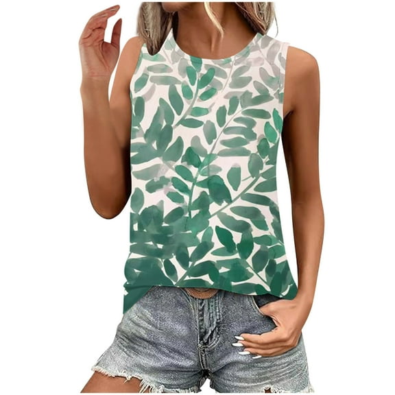 Charella Women's Tank Tops Dressy Casual Sleeveless Shirts Floral Printed Crew Neck Tunic Blouses Summer Tees (L, Green)