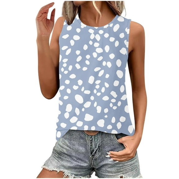 Charella Women's Tank Tops Dressy Casual Sleeveless Shirts Floral Printed Crew Neck Tunic Blouses Summer Tees (XL, Sky Blue 2)
