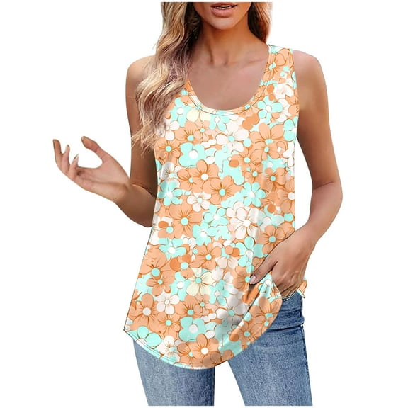 Charella Women's Tank Tops Summer Casual Flowy Sleeveless Blouses Floral Printed Scoop Neck Fashion Loose Shirts (XL, Orange)
