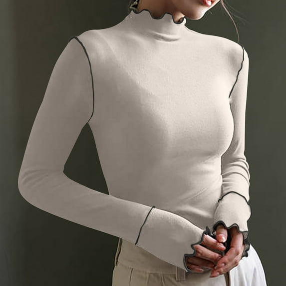 Charella Women's Turtleneck Knitted Basic Shirt Casual Long Sleeve Slim Fitted Tops Beige,6