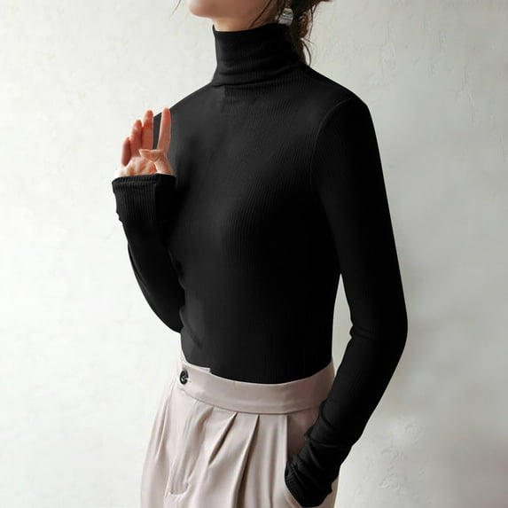 Charella Women's Turtleneck Knitted Basic Shirt Casual Long Sleeve Slim Fitted Tops Black,10